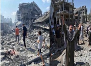 غزہ میں اسرائیلی بمباری سے تباہ شدہ علاقے کا منظر