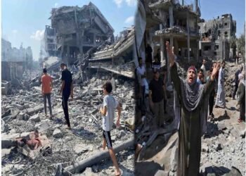 غزہ میں اسرائیلی بمباری سے تباہ شدہ علاقے کا منظر