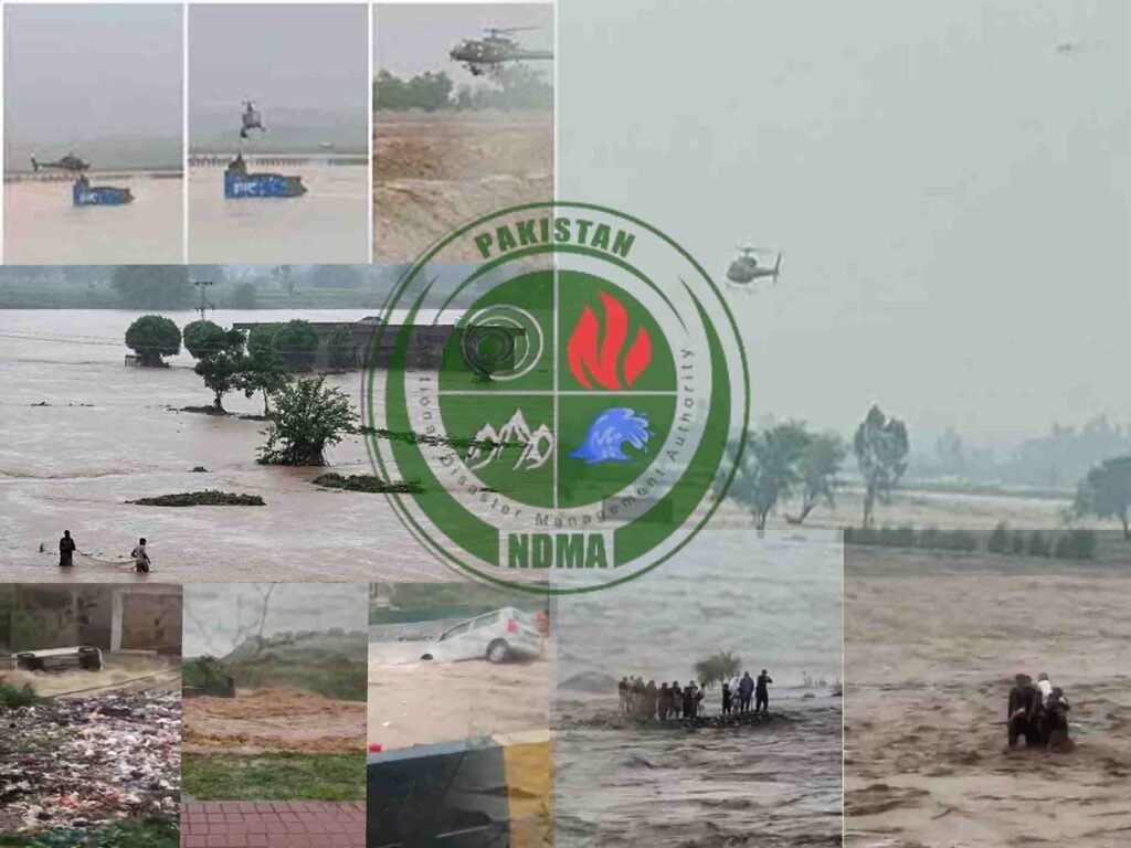 بارش کے باعث متاثرہ پاکستانی علاقے میں ڈوبی ہوئی سڑک اور امدادی کارکن