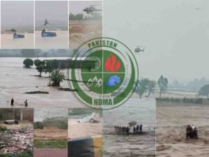 بارش کے باعث متاثرہ پاکستانی علاقے میں ڈوبی ہوئی سڑک اور امدادی کارکن