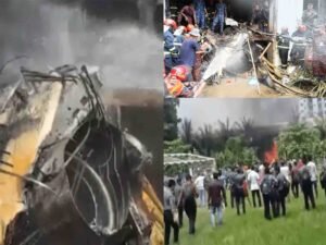 ڈھاکہ کے ایک اسکول کی تباہ حال عمارت جس پر فوجی طیارہ گر کر تباہ ہوا، جائے وقوعہ پر امدادی کارروائیاں جاری۔