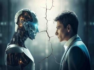 ایک شخص کمپیوٹر پر چیٹ جی پی ٹی استعمال کرتے ہوئے، پس منظر میں مصنوعی ذہانت کی نمائندہ گرافک