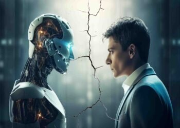 ایک شخص کمپیوٹر پر چیٹ جی پی ٹی استعمال کرتے ہوئے، پس منظر میں مصنوعی ذہانت کی نمائندہ گرافک