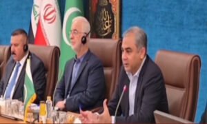 "محسن نقوی تہران میں سہ ملکی وزرائے داخلہ اجلاس میں خطاب کرتے ہوئے"