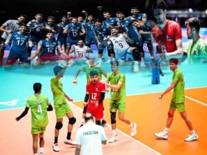 پاکستان انڈر 19 والی بال ٹیم ارجنٹائن کے خلاف میچ کے دوران ایکشن میں