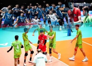 پاکستان انڈر 19 والی بال ٹیم ارجنٹائن کے خلاف میچ کے دوران ایکشن میں