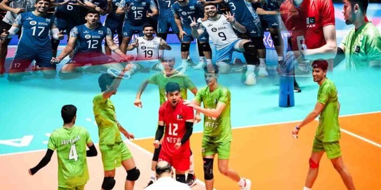 پاکستان انڈر 19 والی بال ٹیم ارجنٹائن کے خلاف میچ کے دوران ایکشن میں