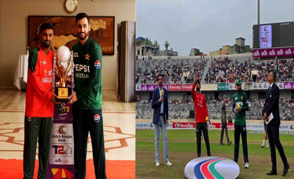 "پاکستان اور بنگلا دیش کے کپتان ڈھاکا میں ٹی ٹوئنٹی سیریز کی ٹرافی کی رونمائی کرتے ہوئے۔