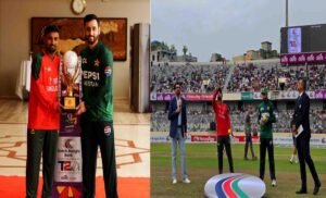 "پاکستان اور بنگلا دیش کے کپتان ڈھاکا میں ٹی ٹوئنٹی سیریز کی ٹرافی کی رونمائی کرتے ہوئے۔