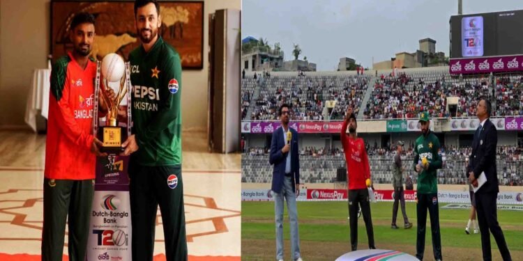 "پاکستان اور بنگلا دیش کے کپتان ڈھاکا میں ٹی ٹوئنٹی سیریز کی ٹرافی کی رونمائی کرتے ہوئے۔