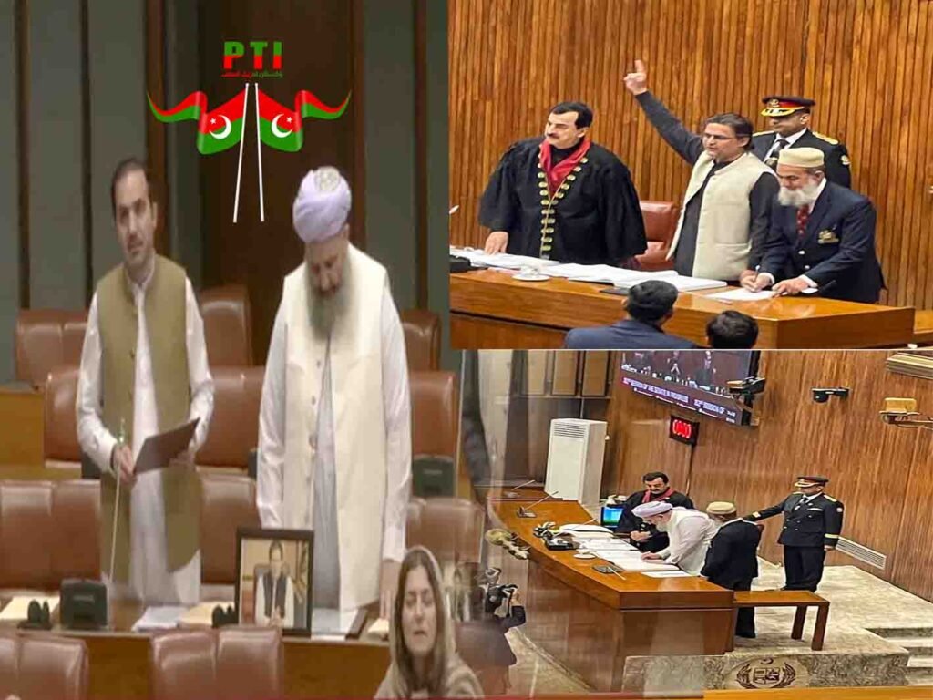 سینیٹ اجلاس میں پی ٹی آئی سینیٹرز فیصل جاوید، نورالحق قادری اور مرزا محمد آفریدی کا حلف اٹھاتے ہوئے منظر