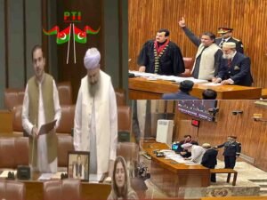 سینیٹ اجلاس میں پی ٹی آئی سینیٹرز فیصل جاوید، نورالحق قادری اور مرزا محمد آفریدی کا حلف اٹھاتے ہوئے منظر