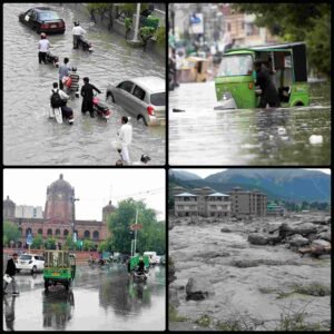 بارش کے دوران پاکستان کے مختلف شہروں میں پانی میں ڈوبی سڑک اور عوام کی مشکلات