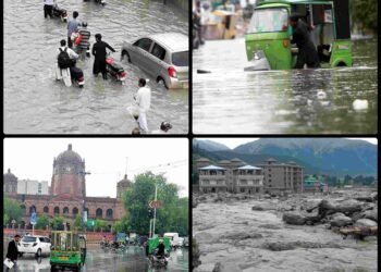 بارش کے دوران پاکستان کے مختلف شہروں میں پانی میں ڈوبی سڑک اور عوام کی مشکلات