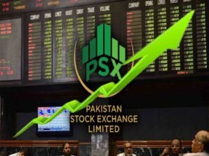 پاکستان اسٹاک ایکسچینج کی عمارت، چارٹ پر تیزی کی علامت کے ساتھ