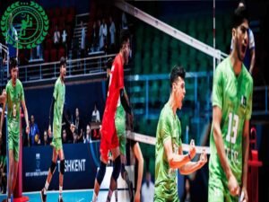 پاکستان انڈر 19 والی بال ٹیم بیلجیم کو شکست دیتی ہوئی، کھلاڑی فتح کا جشن مناتے ہوئے