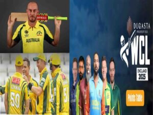 کرس لن ورلڈ چیمپئن شپ آف لیجنڈز 2025 میں 27 گیندوں پر 81 رنز کی اننگز کے بعد بیٹ اٹھا کر جشن منا رہے ہیں۔