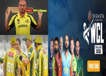 کرس لن ورلڈ چیمپئن شپ آف لیجنڈز 2025 میں 27 گیندوں پر 81 رنز کی اننگز کے بعد بیٹ اٹھا کر جشن منا رہے ہیں۔