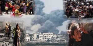 غزہ میں اسرائیلی بمباری کے بعد تباہ شدہ عمارت اور زخمی بچوں کی تصویر