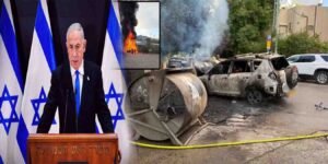 یروشلم میں نیتن یاہو کے خلاف مظاہروں کے دوران جلتی ہوئی گاڑی اور ٹینک