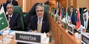 اسحاق ڈار عرب اسلامی سربراہی اجلاس میں خطاب کرتے ہوئے