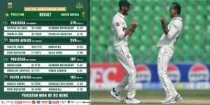 پاکستانی ٹیم جنوبی افریقہ کے خلاف پہلے ٹیسٹ میں کامیابی کے بعد جشن مناتے ہوئے