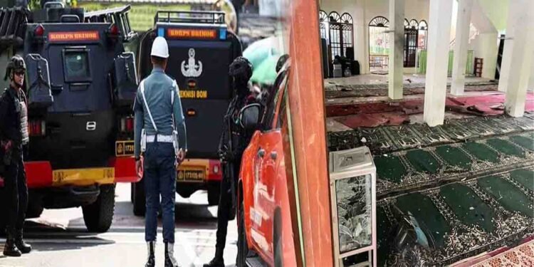 جکارتہ کی مسجد میں نماز جمعہ کے دوران دھماکے کے بعد امدادی کارکن زخمیوں کو اسپتال منتقل کر رہے ہیں