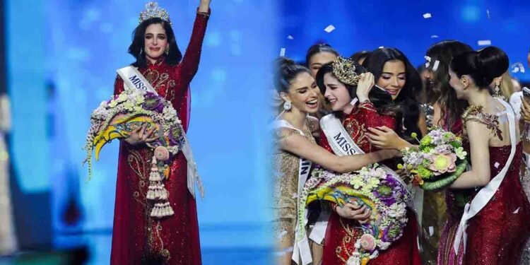 فاطمہ بوش مس یونیورس 2025 کا تاج پہنے اسٹیج پر مسکرا رہی ہیں