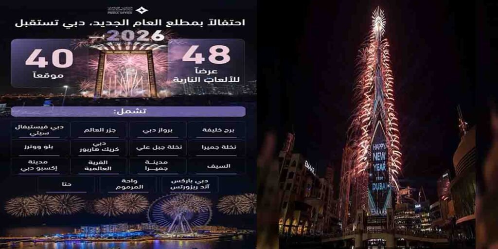 دبئی کی فلک بوس عمارتوں اور برج خلیفہ کے گرد روشنیوں اور آتش بازی کا وہ شاندار نظارہ جو نئے سال کے جشن کی عکاسی کرتا ہے