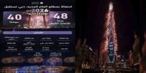 دبئی کی فلک بوس عمارتوں اور برج خلیفہ کے گرد روشنیوں اور آتش بازی کا وہ شاندار نظارہ جو نئے سال کے جشن کی عکاسی کرتا ہے