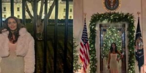 بالی ووڈ اداکارہ ملیکا شیراوت وائٹ ہاؤس کے کرسمس ڈنر پر گلابی لباس میں پوز دیتے ہوئے