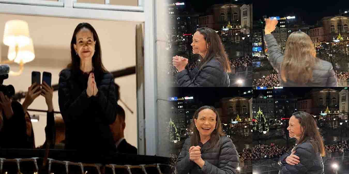 ماریا کورینا ماچادو اوسلو کی بالکونی میں حامیوں سے خطاب کرتی ہوئی