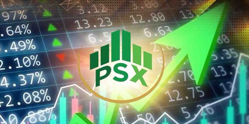 پی ایس ایکس ریکارڈ بلندی پر کے ایس ای 100 انڈیکس کا گراف دکھاتی تصویر