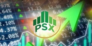 پی ایس ایکس ریکارڈ بلندی پر کے ایس ای 100 انڈیکس کا گراف دکھاتی تصویر