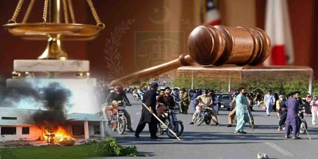 نو مئی مقدمات ضمانت کارروائی میں عدالت کے باہر سیکیورٹی منظر