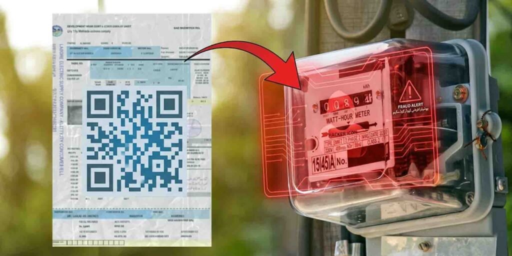 بجلی بل پر کیو آر کوڈ اسکین کرتے ہوئے موبائل فون کی تصویر