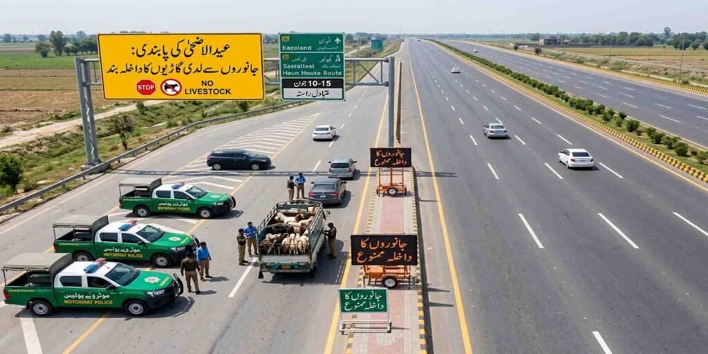 موٹر وے پولیس پابندی کے تحت جانوروں سے لدی گاڑیوں کو موٹر وے پر داخل ہونے سے روکا جا رہا ہے