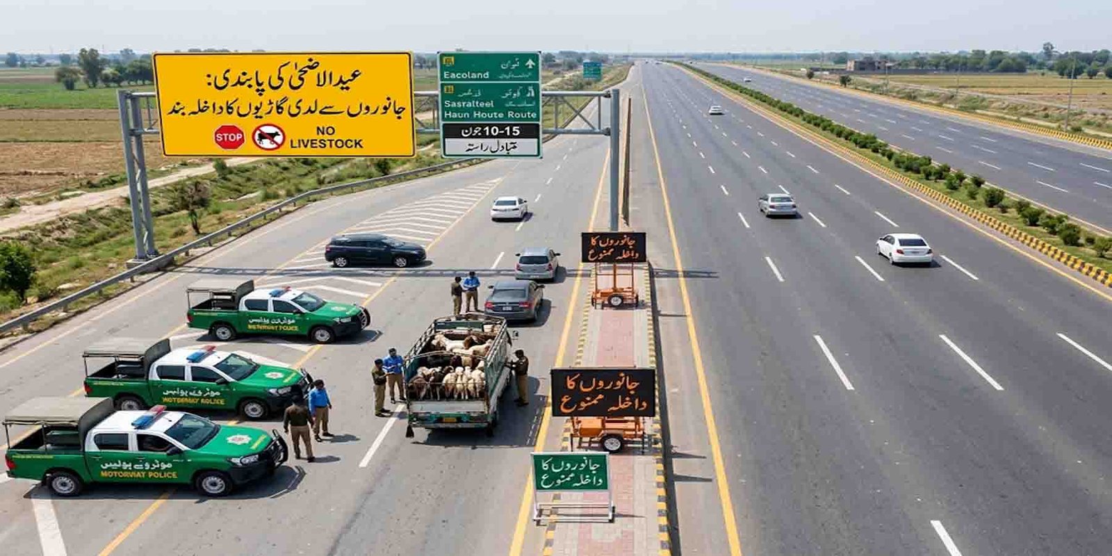 موٹر وے پولیس پابندی کے تحت جانوروں سے لدی گاڑیوں کو موٹر وے پر داخل ہونے سے روکا جا رہا ہے