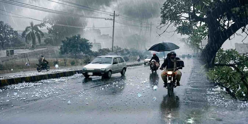 پنجاب بارش الرٹ کے دوران لاہور میں سیاہ بادل اور بارش کا منظر