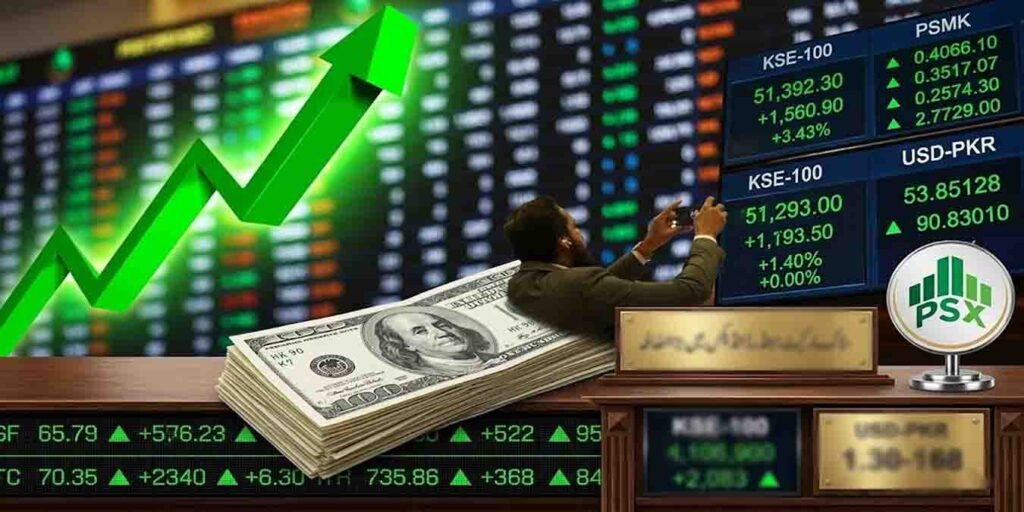 سٹاک مارکیٹ میں تیزی اور ڈالر کی قیمت میں کمی کی نمائندہ تصویر