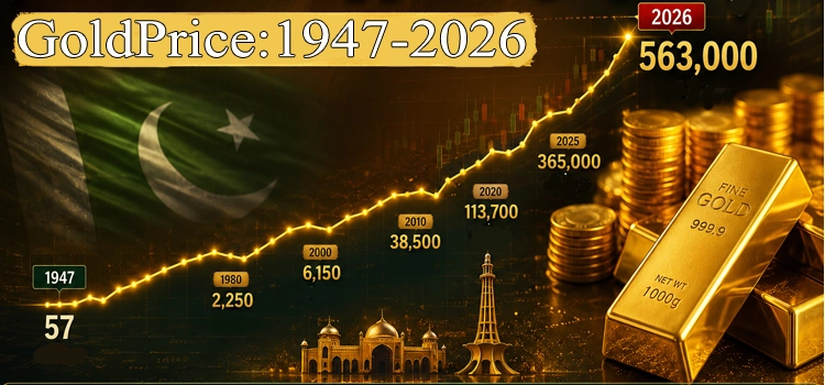 پاکستان میں سونے کی قیمت کا تاریخی سفر 1947 سے 2026 تک، 57 روپے فی تولہ سے 5 لاکھ 63 ہزار روپے تک اضافہ